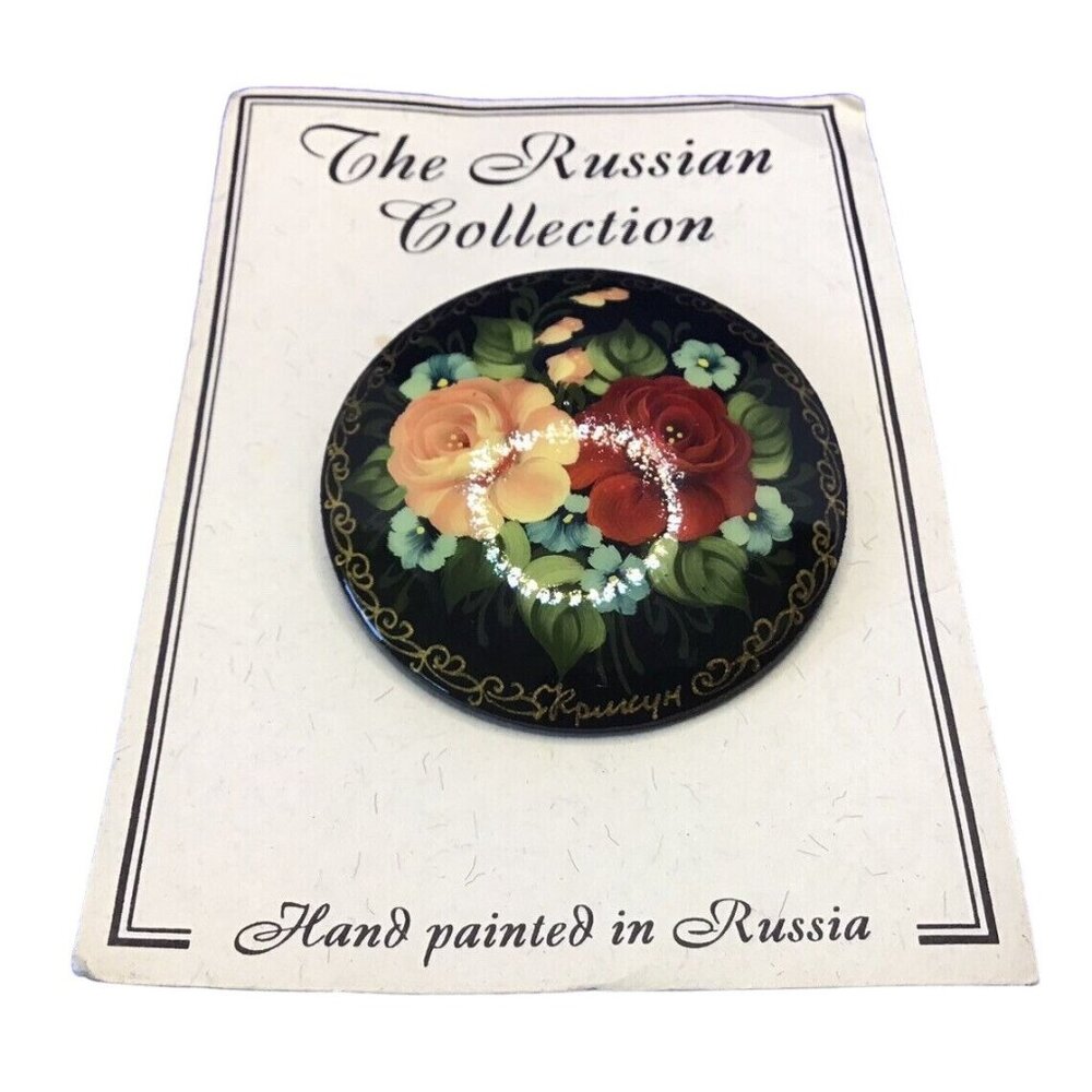 Russian FEDOSKINO LACQUER Brooch Hand Painted Flowers NOS Vintage